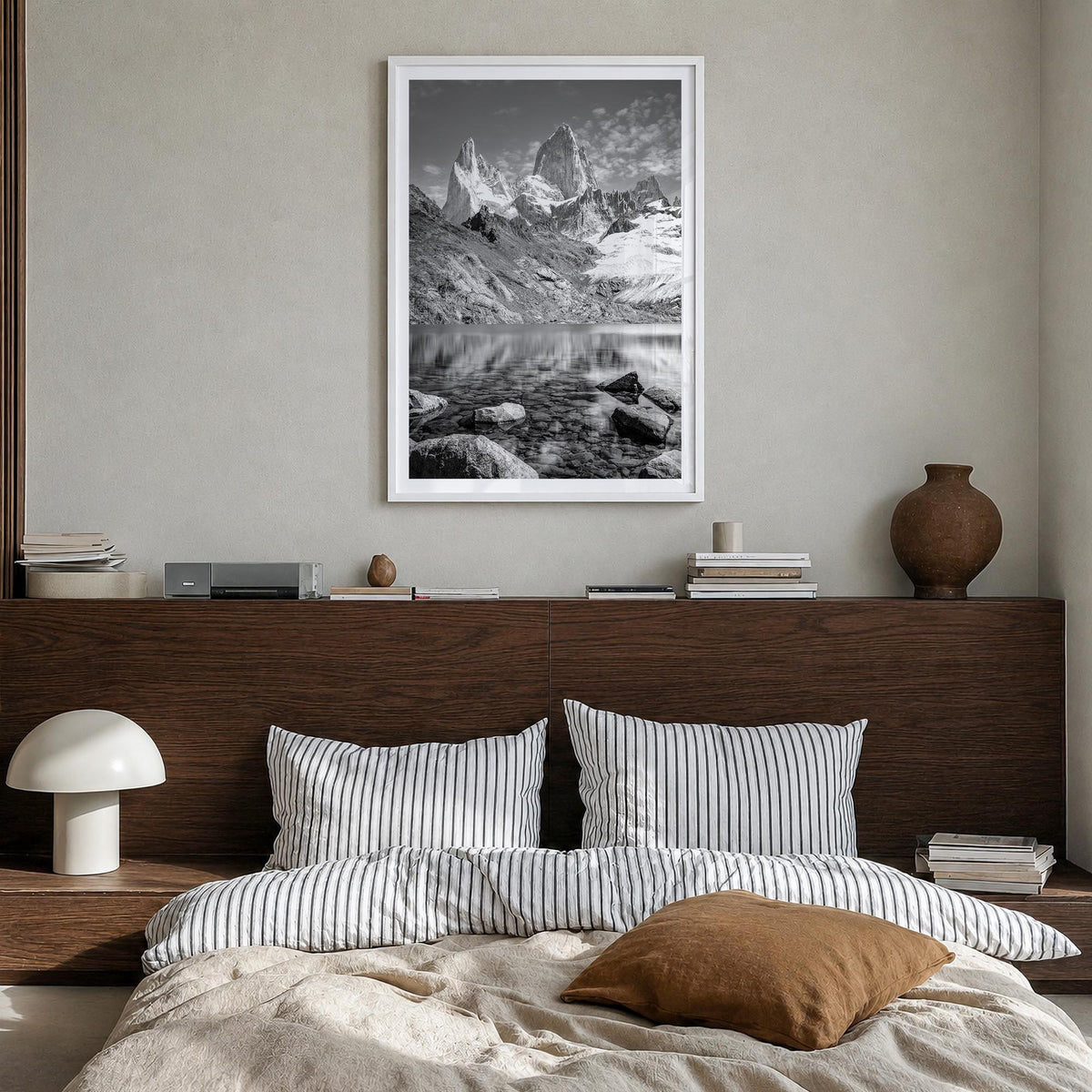 Argentina black & white photo poster of South America – vertical wall art in white wood frame with white border, hanging on w