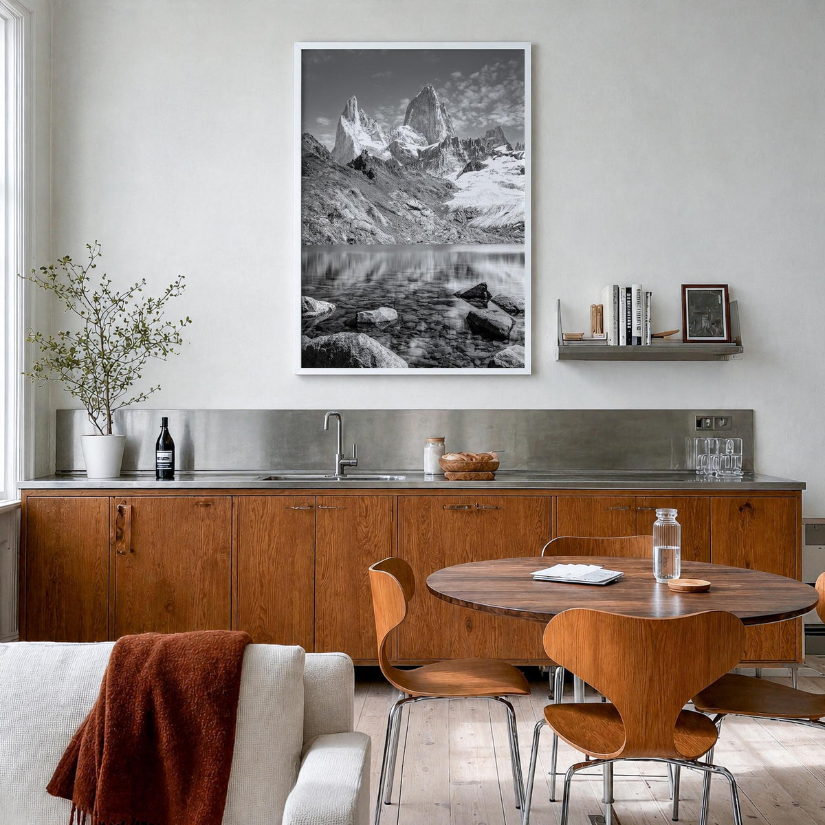 Argentina black & white photo poster of South America – vertical wall art in white wood frame, hanging on wall