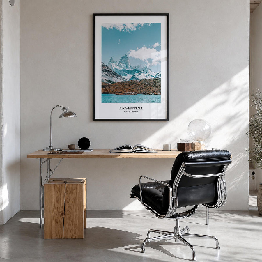 Argentina colorful classic poster of South America – vertical wall art in black wood frame, hanging on wall