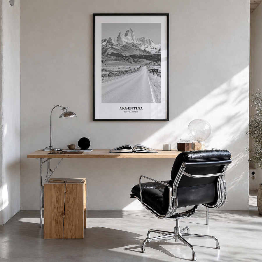 Argentina no. 2 black & white classic poster of South America – vertical wall art in black wood frame, hanging on wall