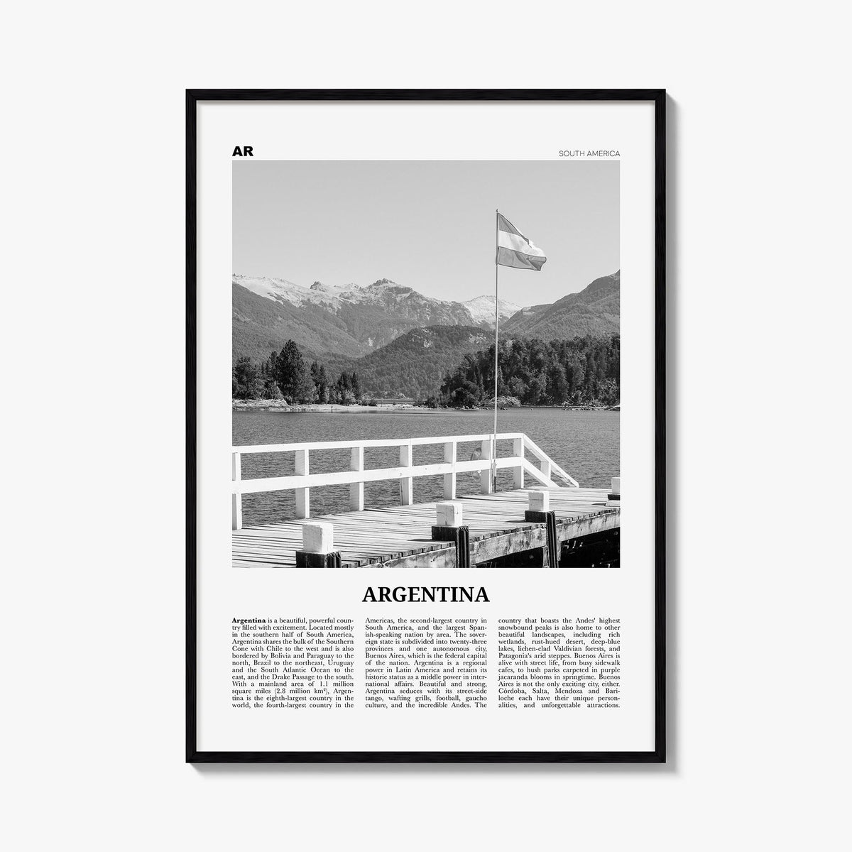 Argentina no. 2 black & white newspaper poster of South America – vertical wall art, unframed print shown in interior mockup