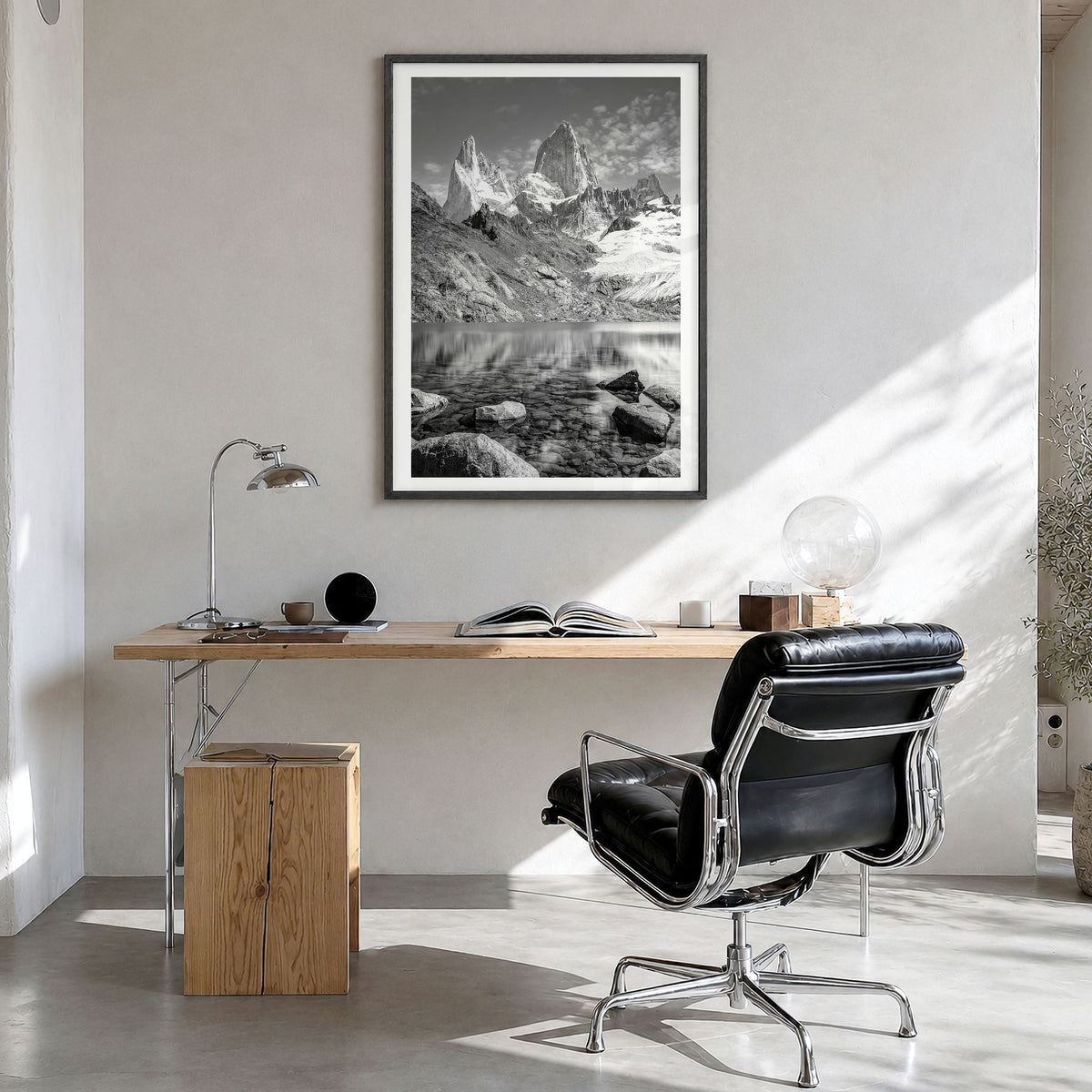 Argentina Photo Poster in a black wood frame, hanging in a bright home office, white border