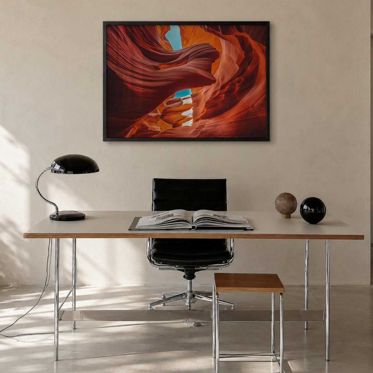 Arizona colorful photo poster of United States – horizontal wall art in black wood frame, hanging on wall