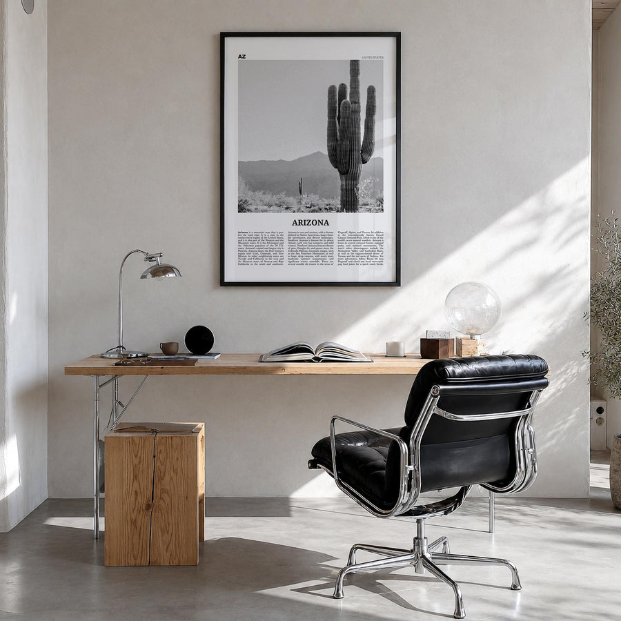 Arizona no. 1 black & white newspaper poster of United States – vertical wall art in black wood frame, hanging on wall