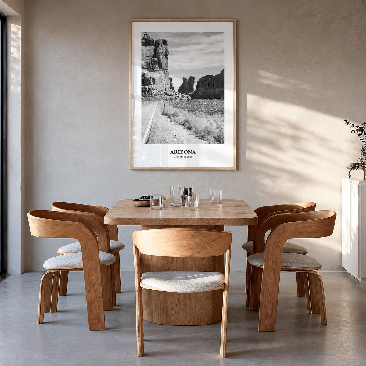 Arizona no. 2 black & white classic poster of United States – vertical wall art in natural wood frame, hanging on wall