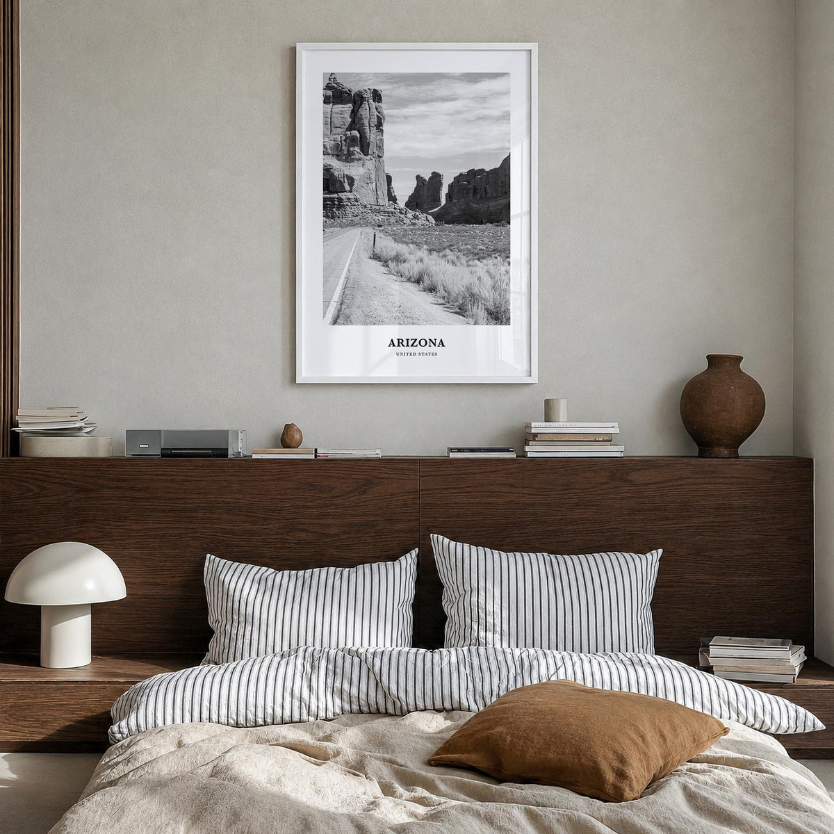 Arizona no. 2 black & white classic poster of United States – vertical wall art in white wood frame, hanging on wall