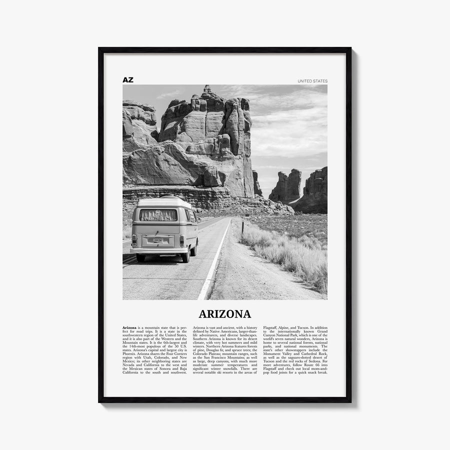Arizona no. 2 black & white newspaper poster of United States – vertical wall art, unframed print shown in interior mockup