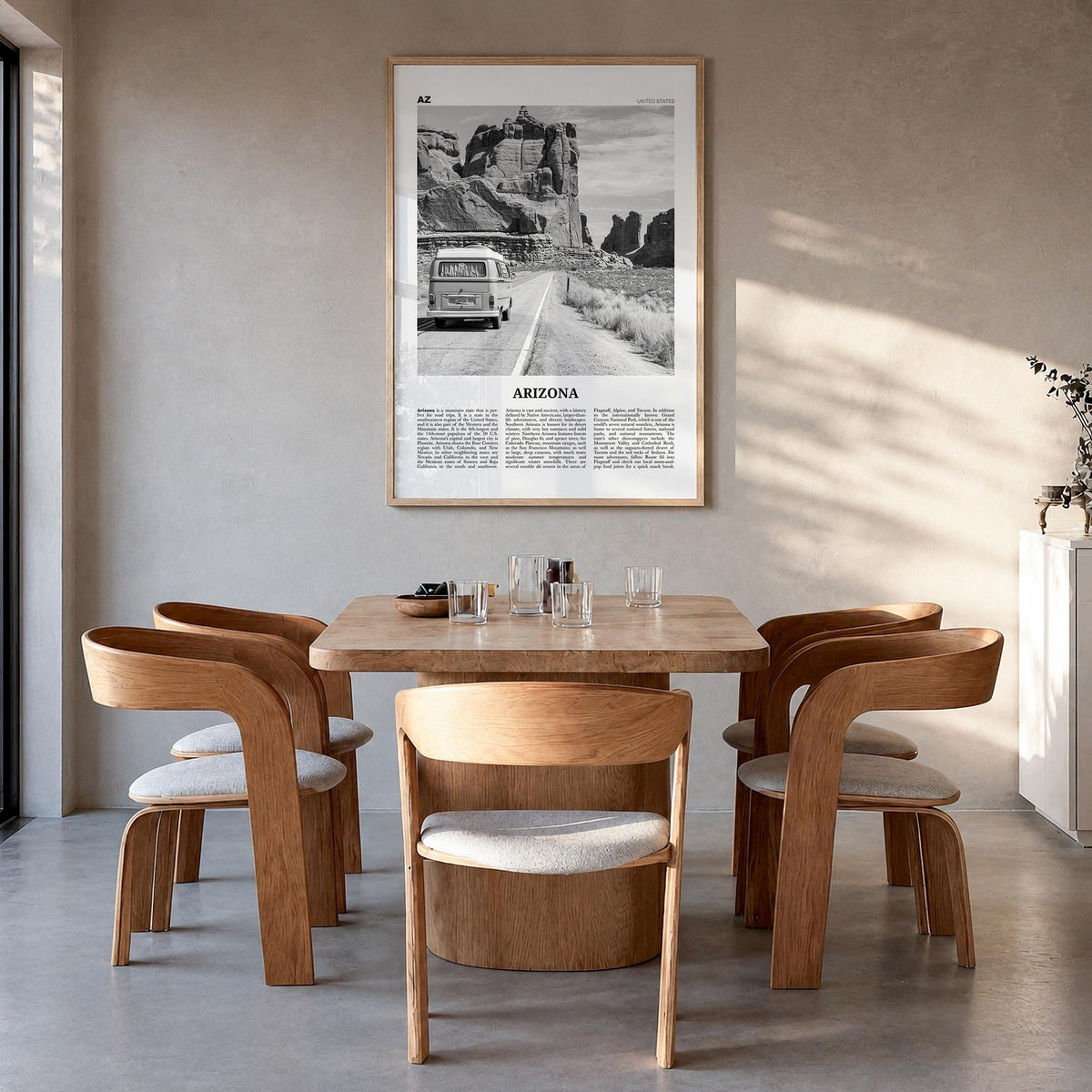 Arizona no. 2 black & white newspaper poster of United States – vertical wall art in natural wood frame, hanging on wall