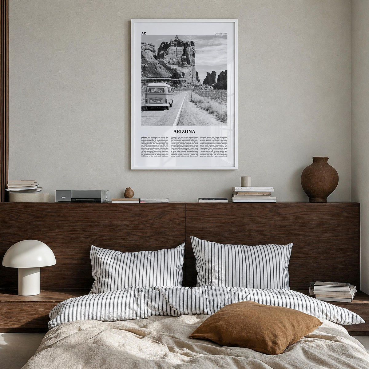 Arizona no. 2 black & white newspaper poster of United States – vertical wall art in white wood frame, hanging on wall