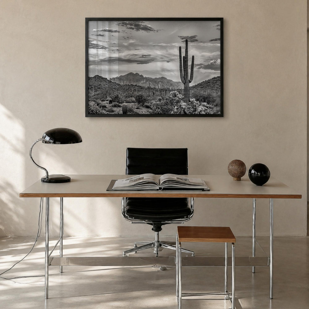 Arizona no. 2 black & white photo poster of United States – horizontal wall art in black wood frame, hanging on wall