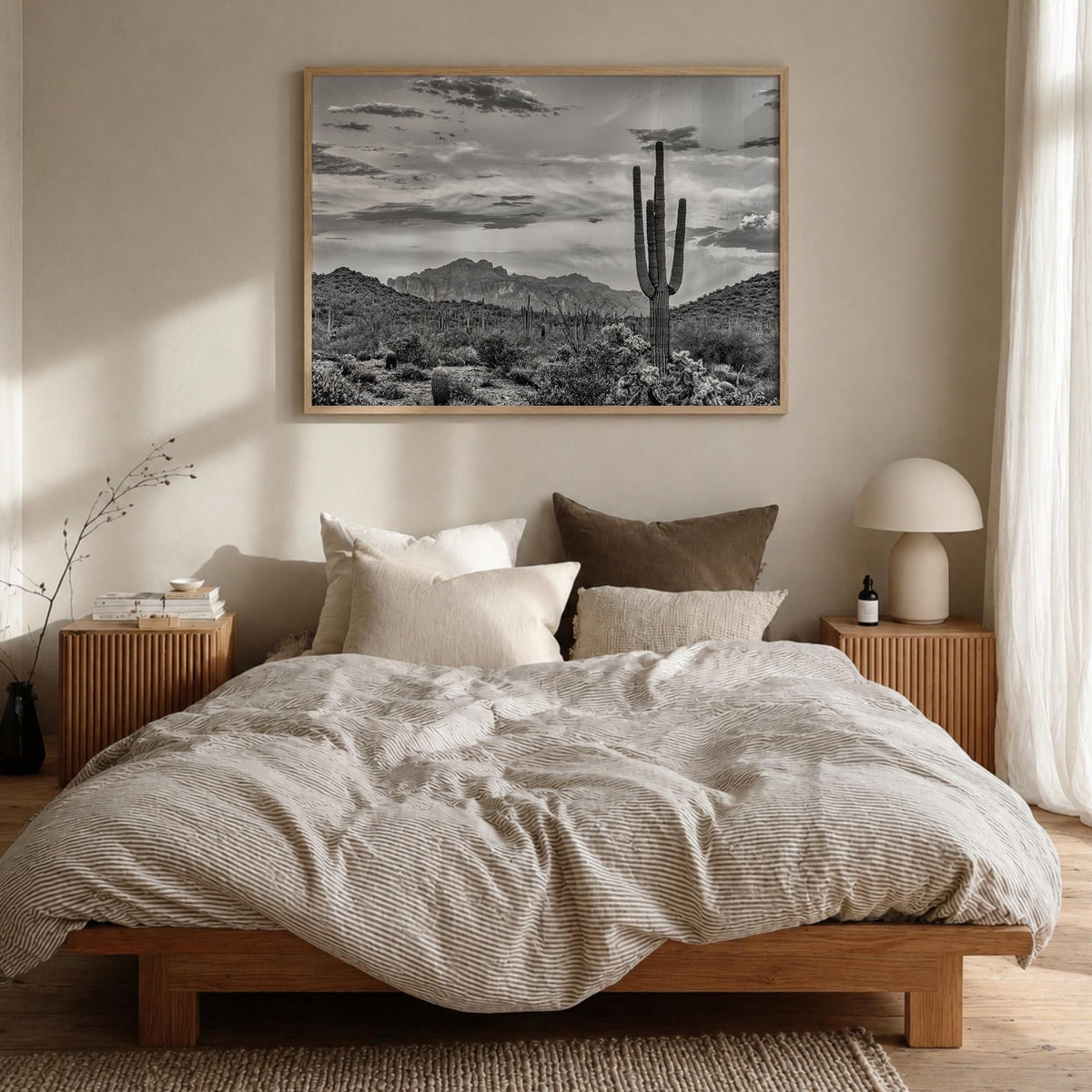 Arizona no. 2 black & white photo poster of United States – horizontal wall art in natural wood frame, hanging on wall