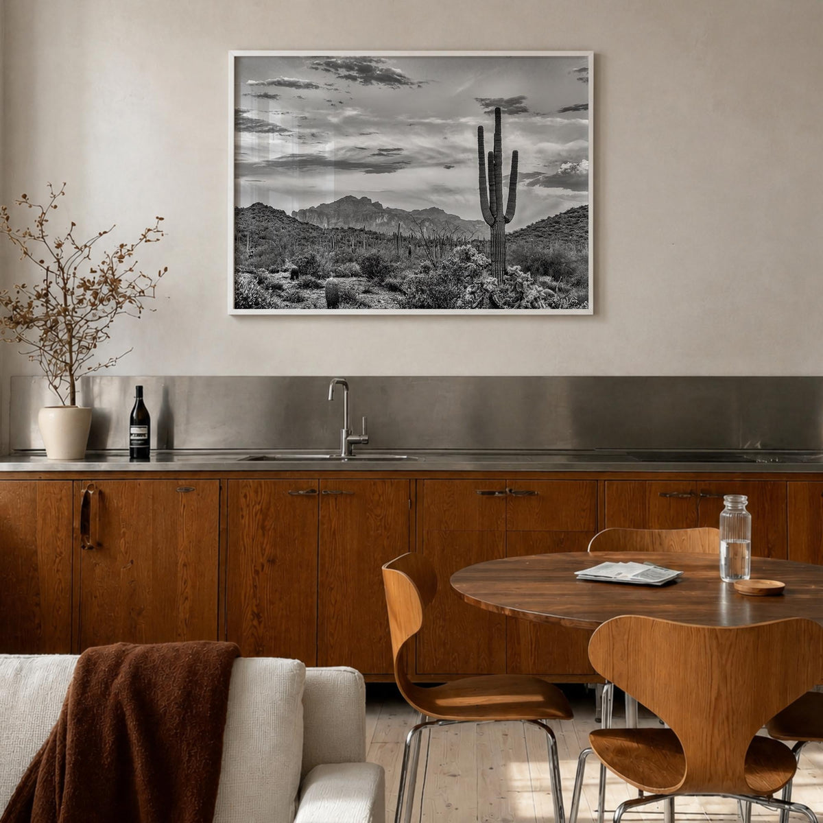 Arizona no. 2 black & white photo poster of United States – horizontal wall art in white wood frame, hanging on wall