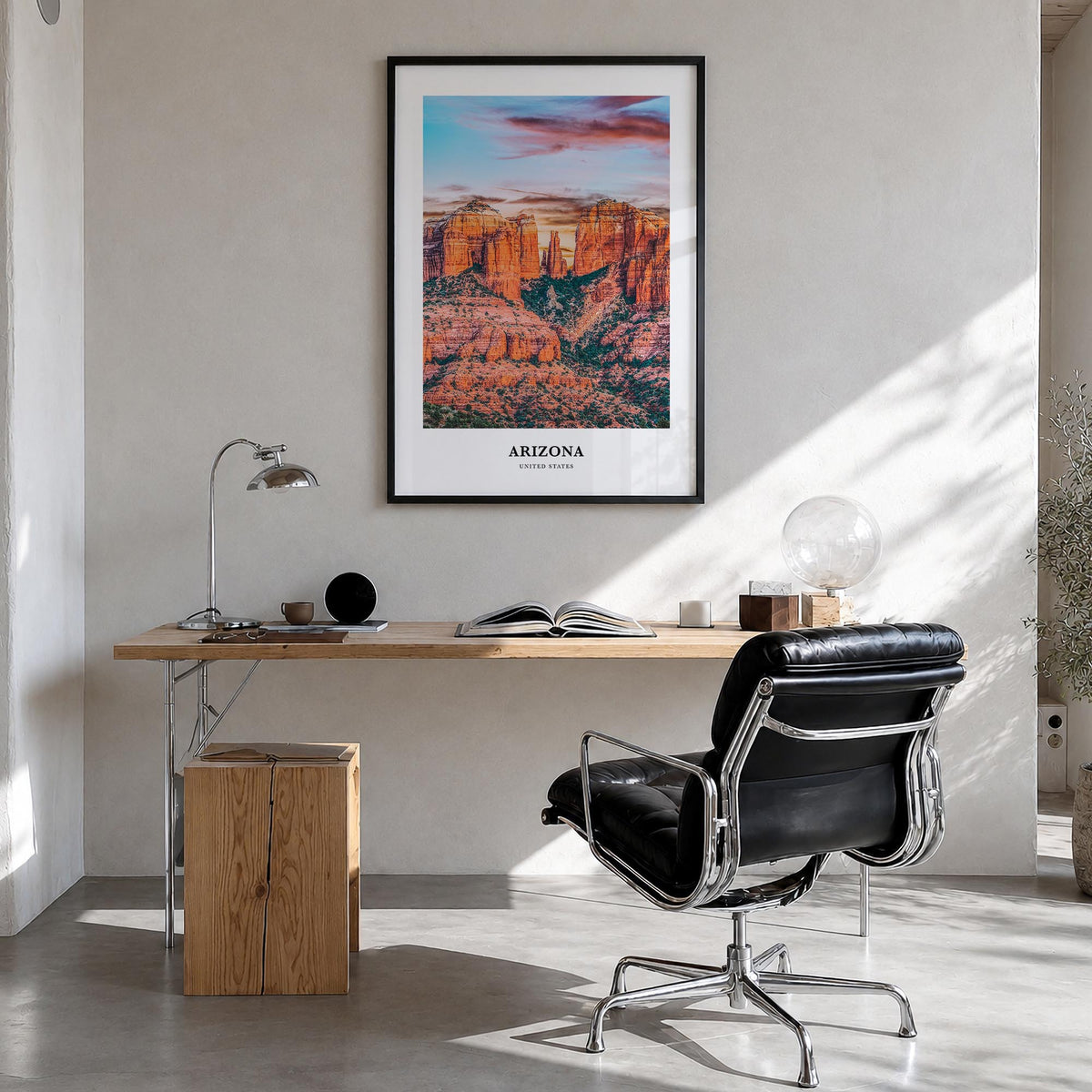 Arizona no. 2 colorful classic poster of United States – vertical wall art in black wood frame, hanging on wall