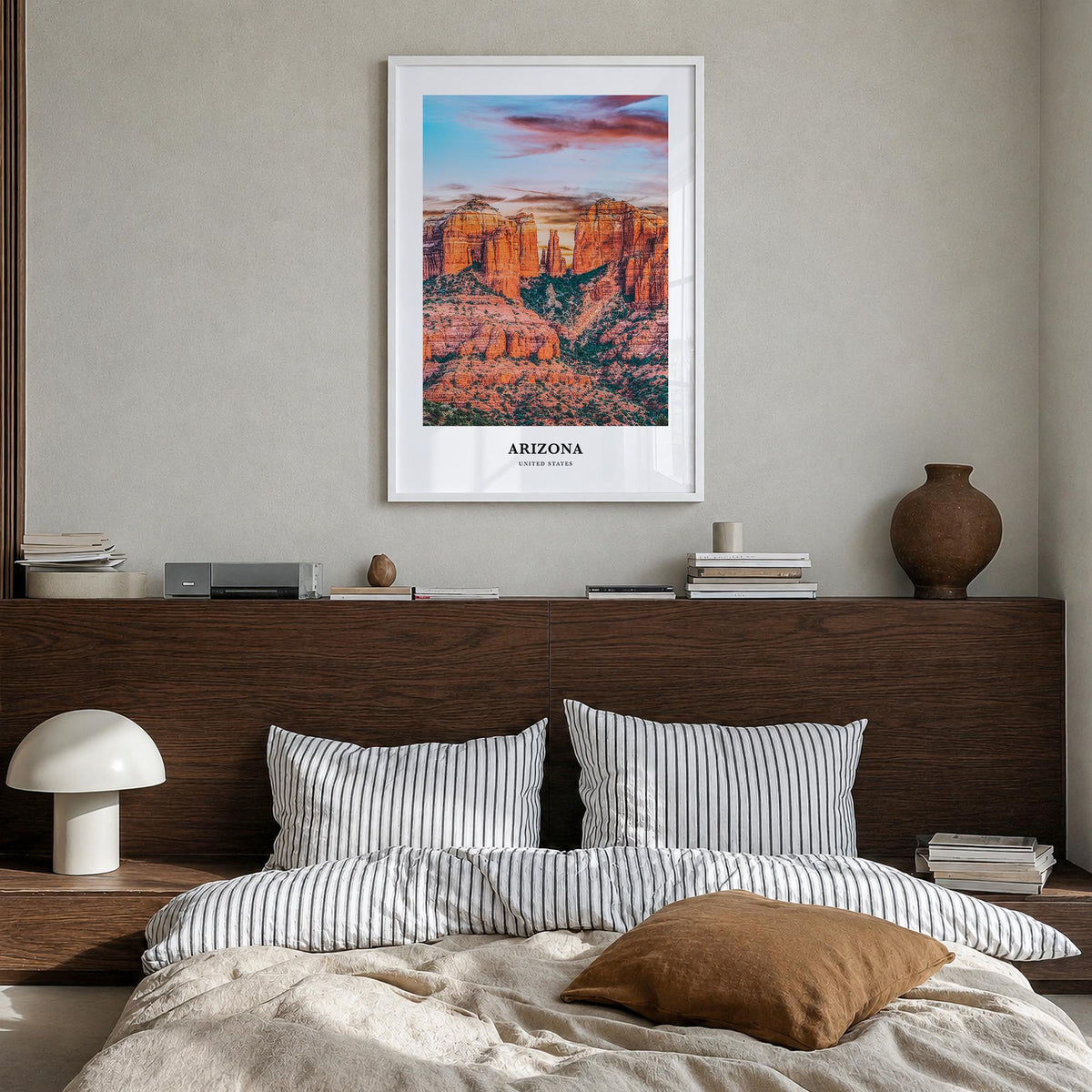 Arizona no. 2 colorful classic poster of United States – vertical wall art in white wood frame, hanging on wall
