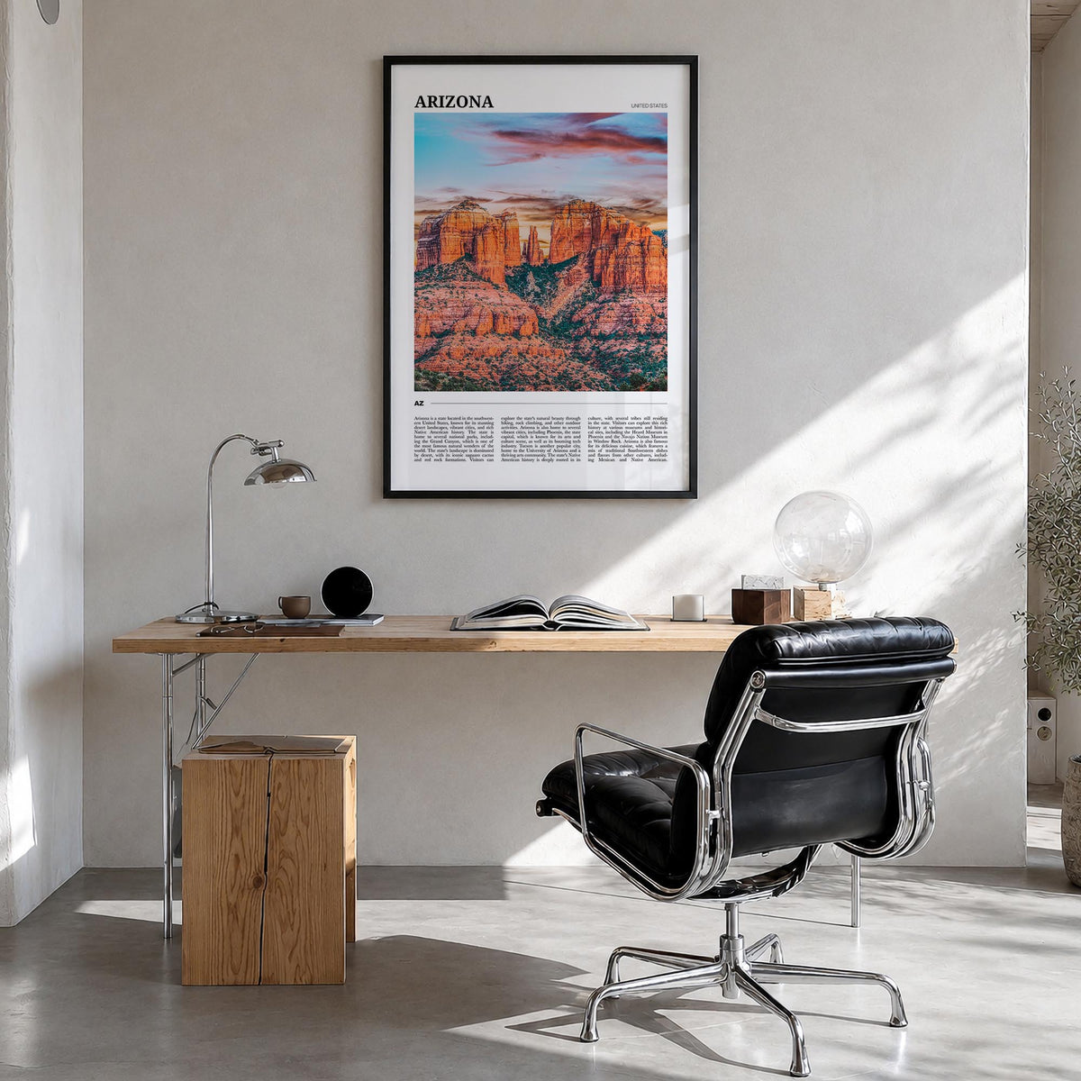 Arizona no. 2 colorful travel poster of United States – vertical wall art in black wood frame, hanging on wall