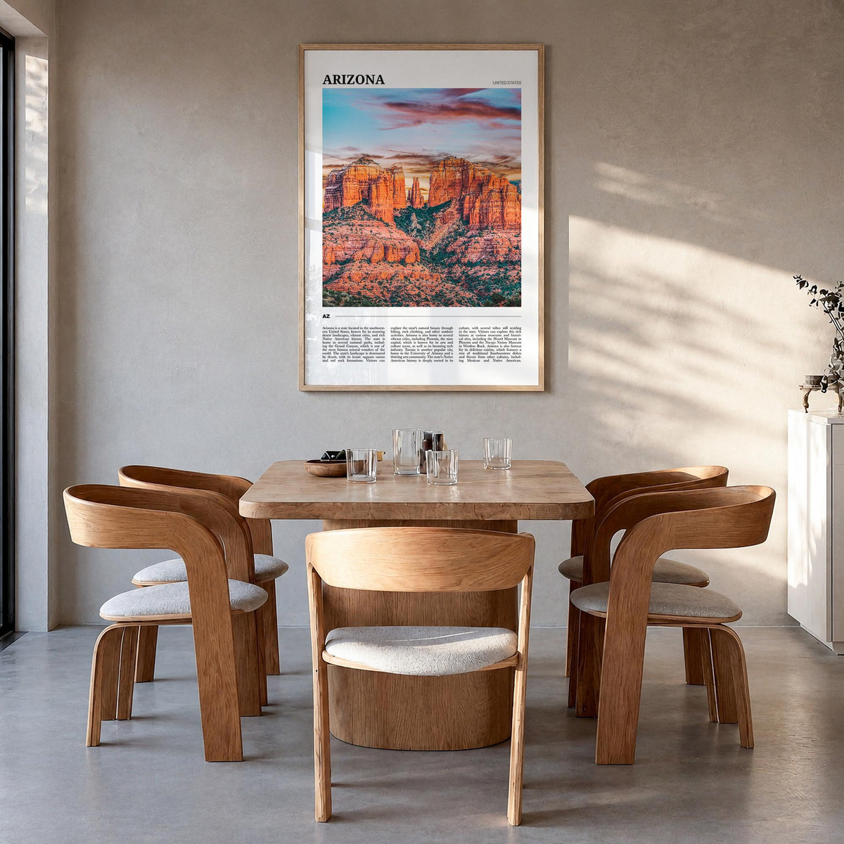 Arizona no. 2 colorful travel poster of United States – vertical wall art in natural wood frame, hanging on wall