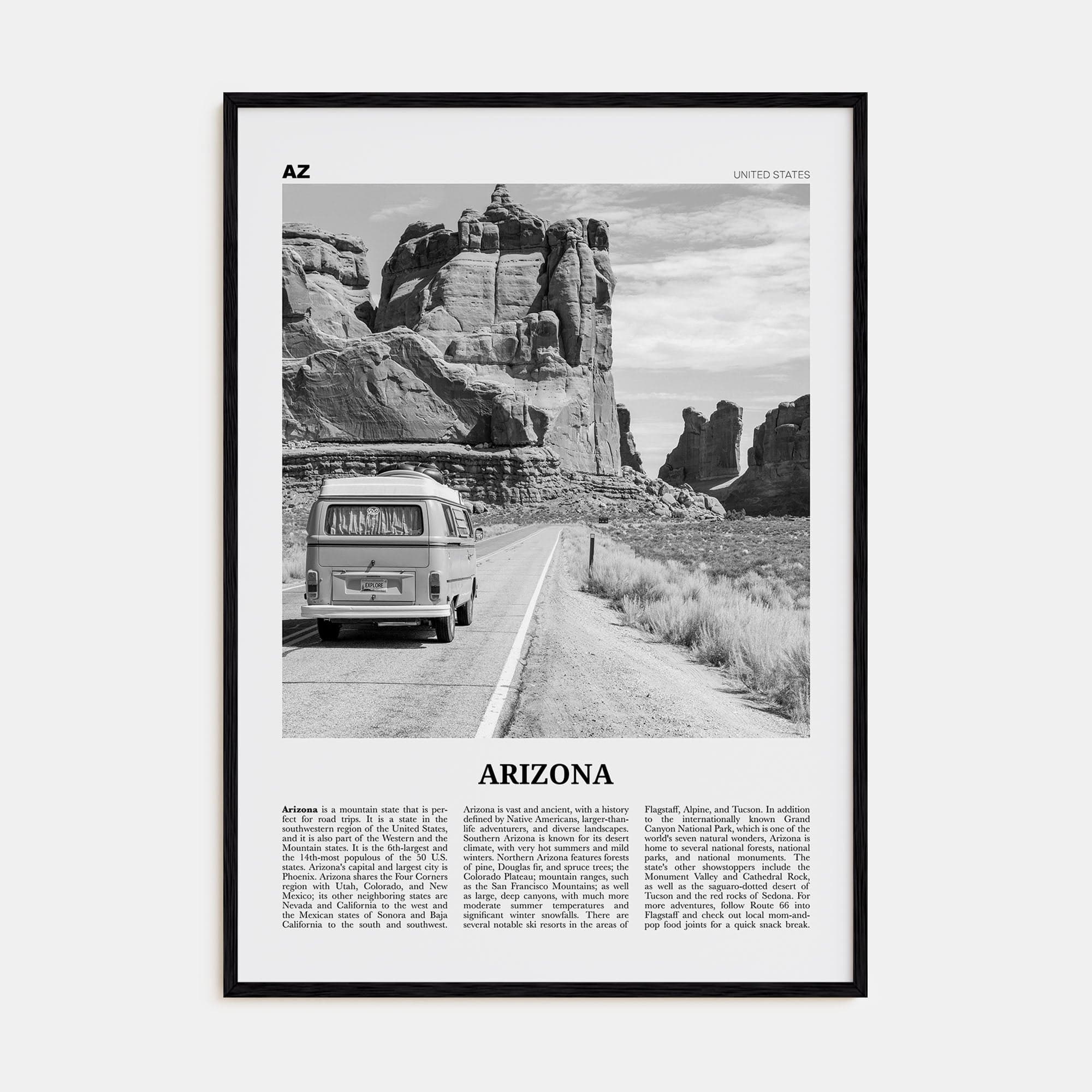 Arizona No 2 Poster Black Wood / 8x12 in Nbourhood Travel B&W Poster