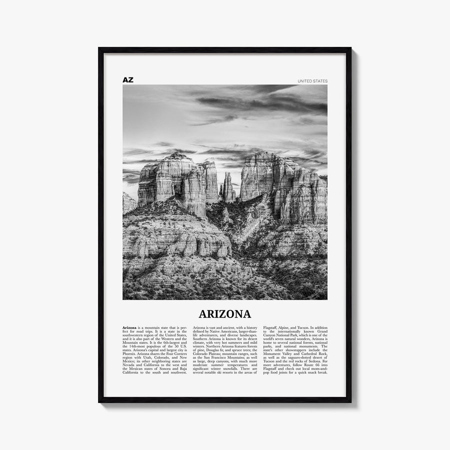 Arizona no. 3 black & white newspaper poster of United States – vertical wall art, unframed print shown in interior mockup