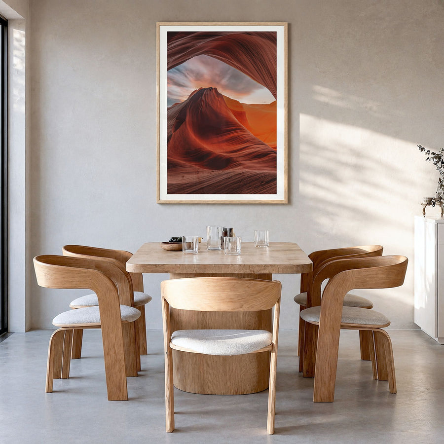 Arizona Photo No 3 Poster in a natural wood frame, hanging in a dining room, white border