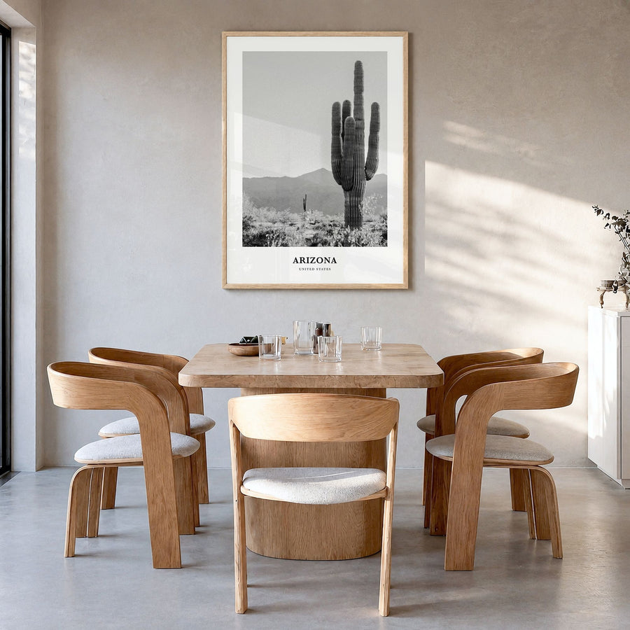 Arizona Classic No 1 Poster in a natural wood frame, hanging in a dining room