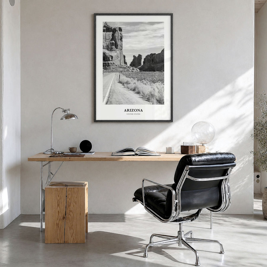 Arizona Classic No 2 Poster in a black wood frame, hanging in a bright home office