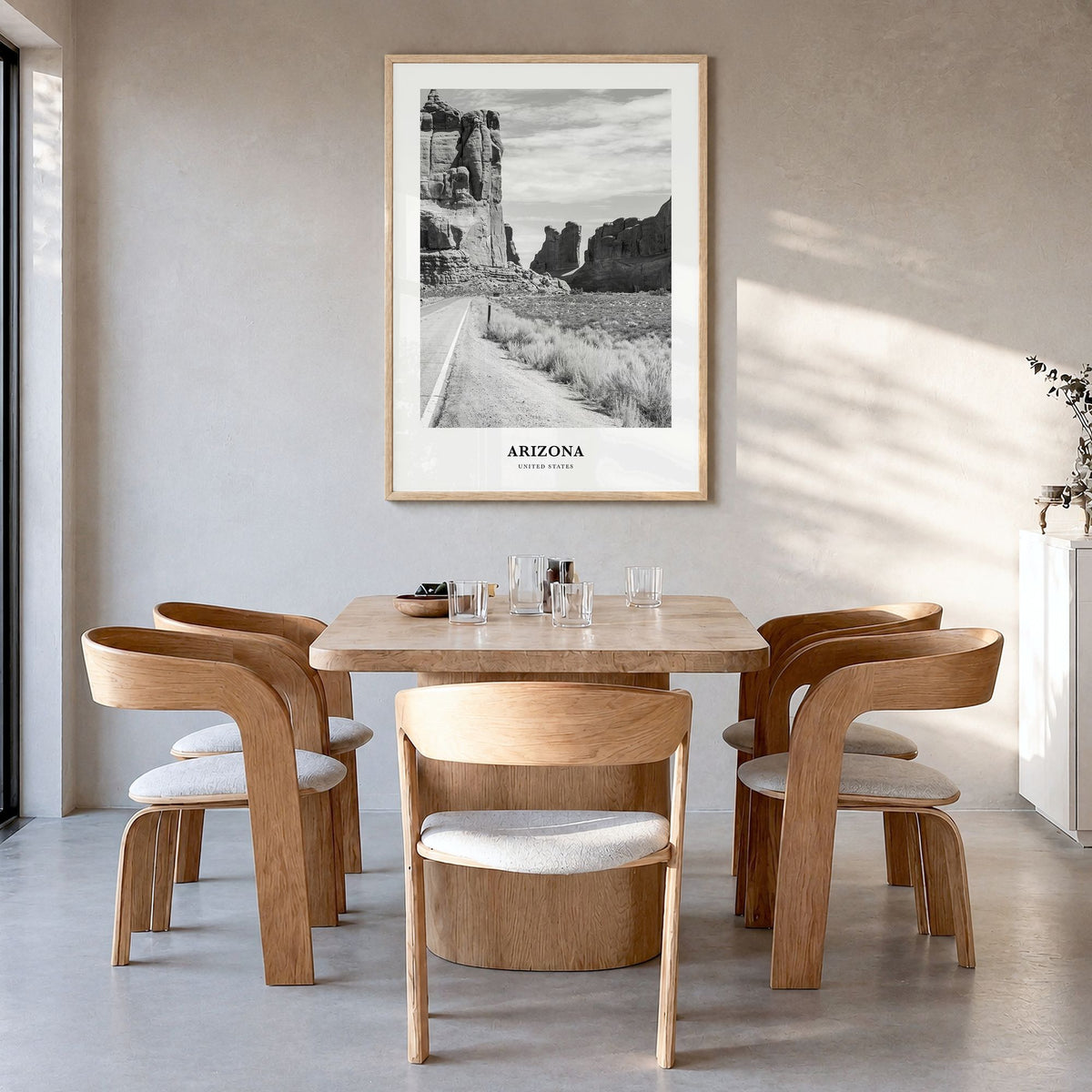 Arizona Classic No 2 Poster in a natural wood frame, hanging in a dining room