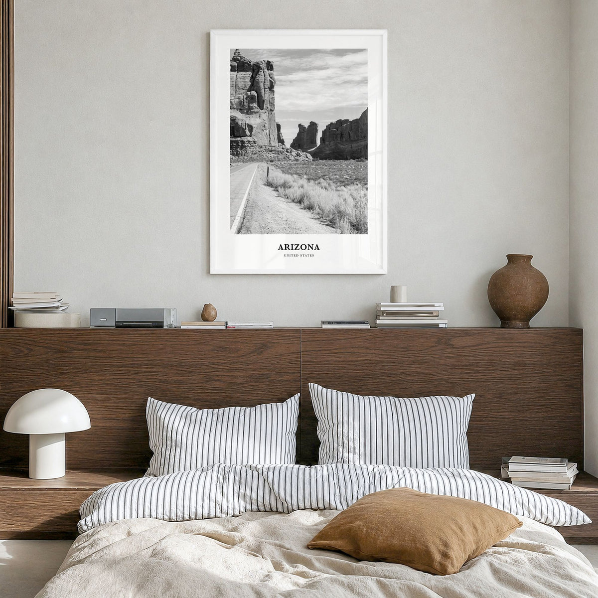 Arizona Classic No 2 Poster in a white wood frame, hanging in a bedroom
