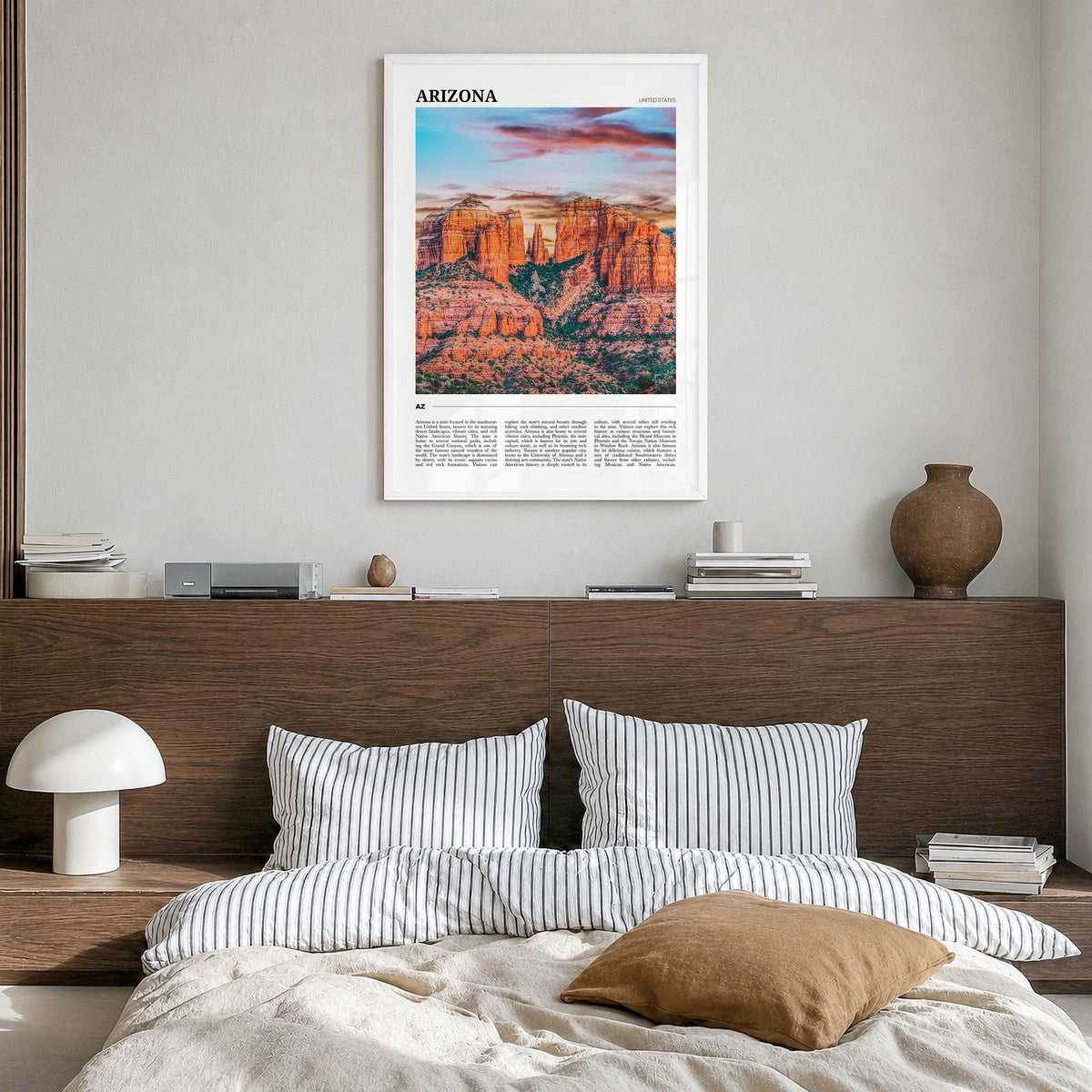 Arizona Travel No 2 Poster in a white wood frame, hanging in a bedroom