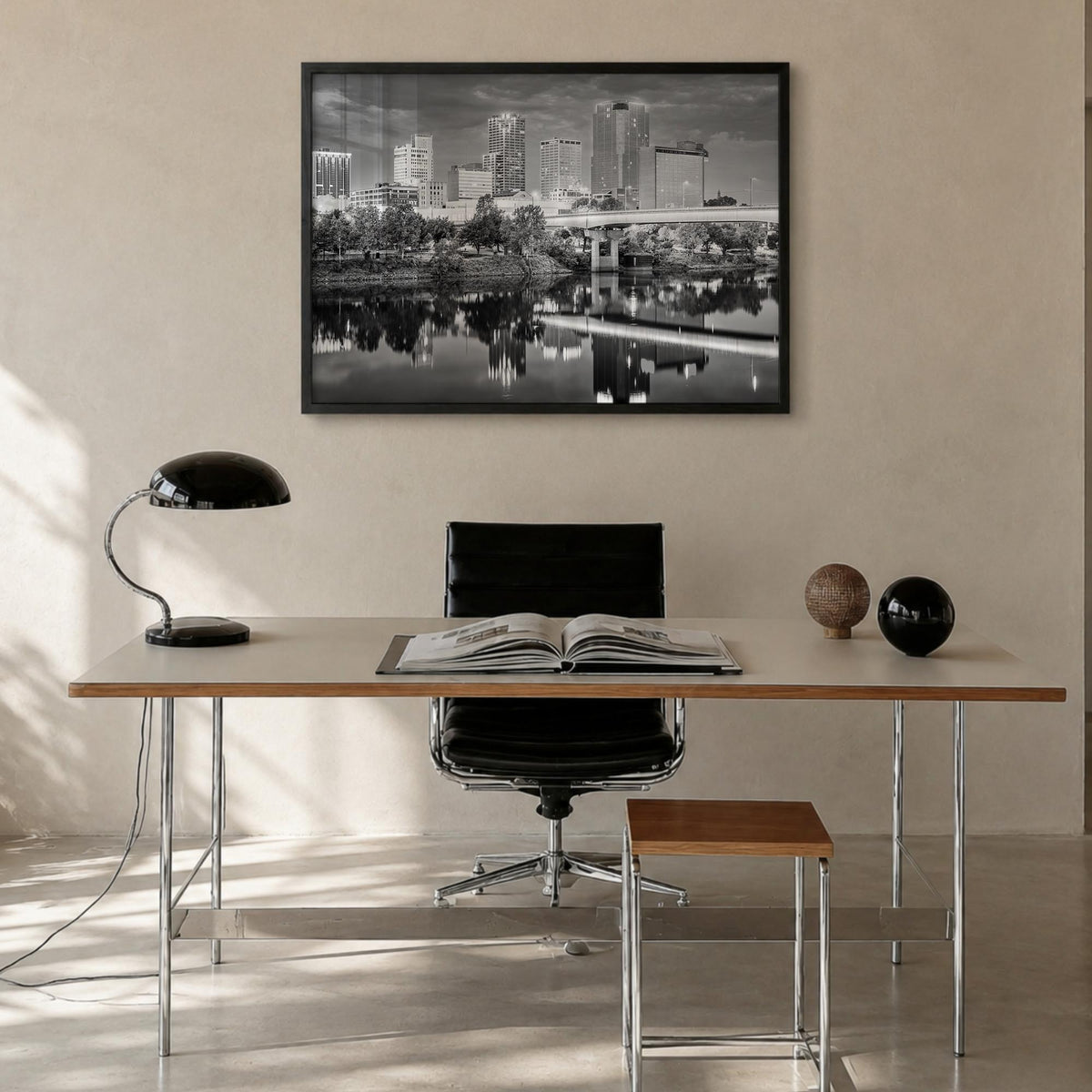 Arkansas black & white photo poster of United States – horizontal wall art in black wood frame, hanging on wall
