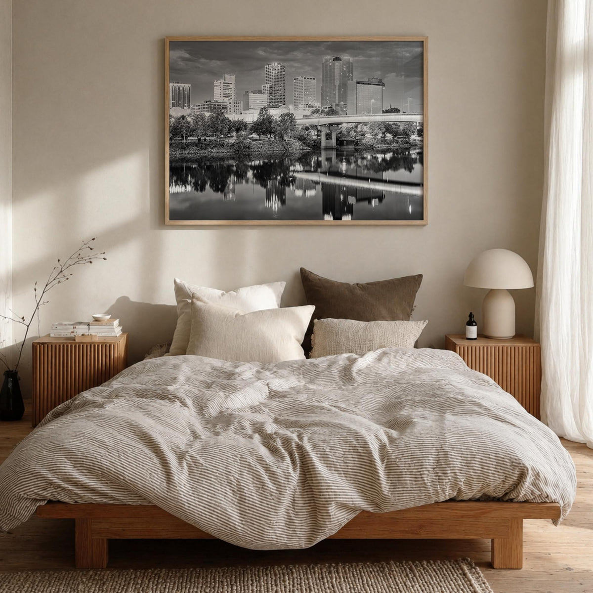 Arkansas black & white photo poster of United States – horizontal wall art in natural wood frame, hanging on wall