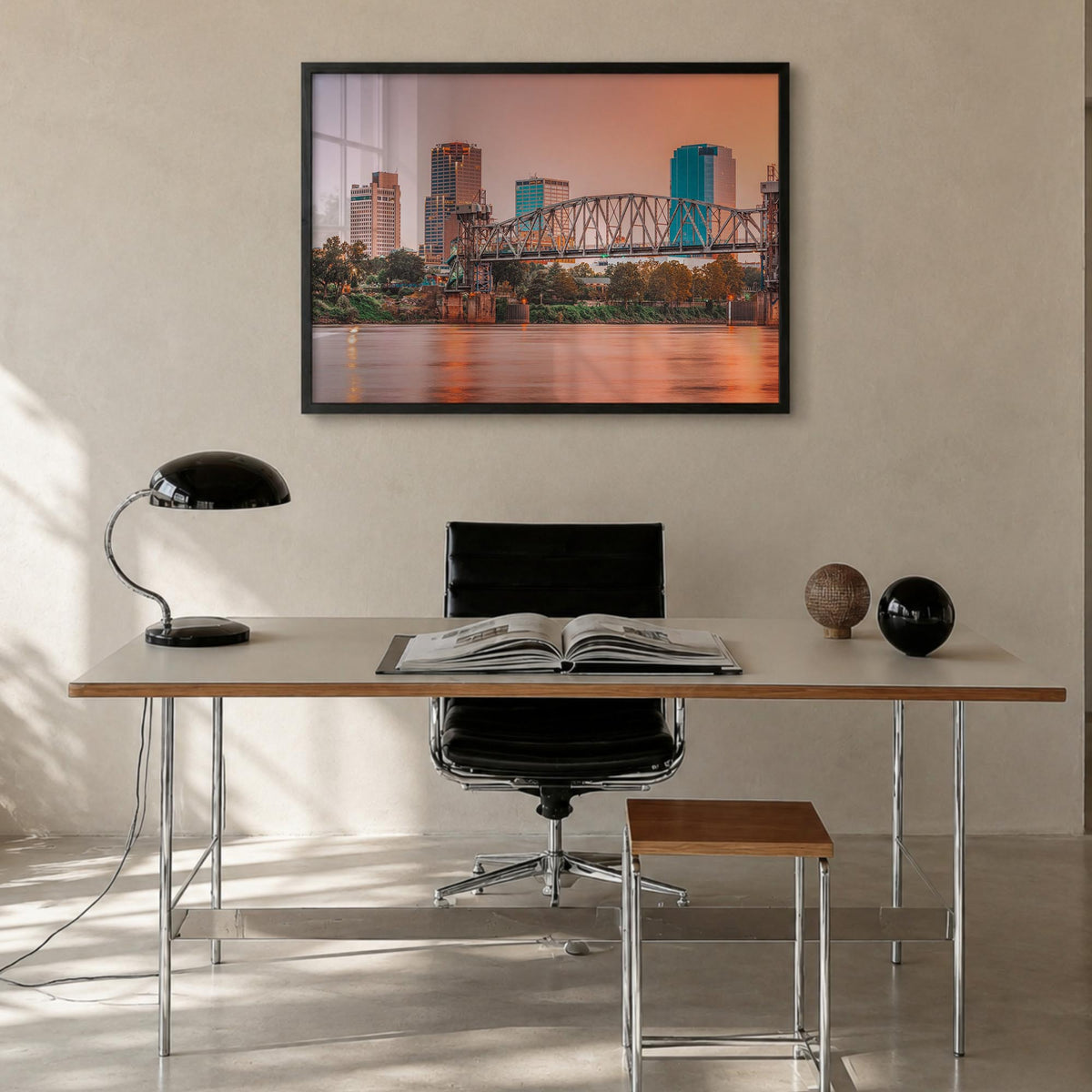 Arkansas colorful photo poster of United States – horizontal wall art in black wood frame, hanging on wall