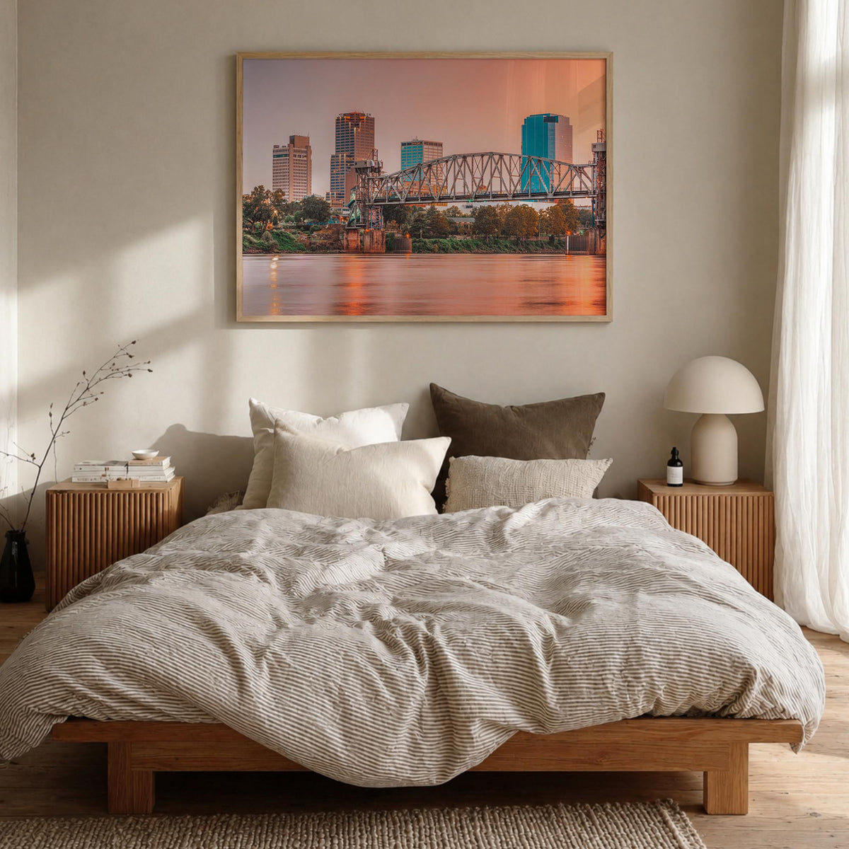 Arkansas colorful photo poster of United States – horizontal wall art in natural wood frame, hanging on wall
