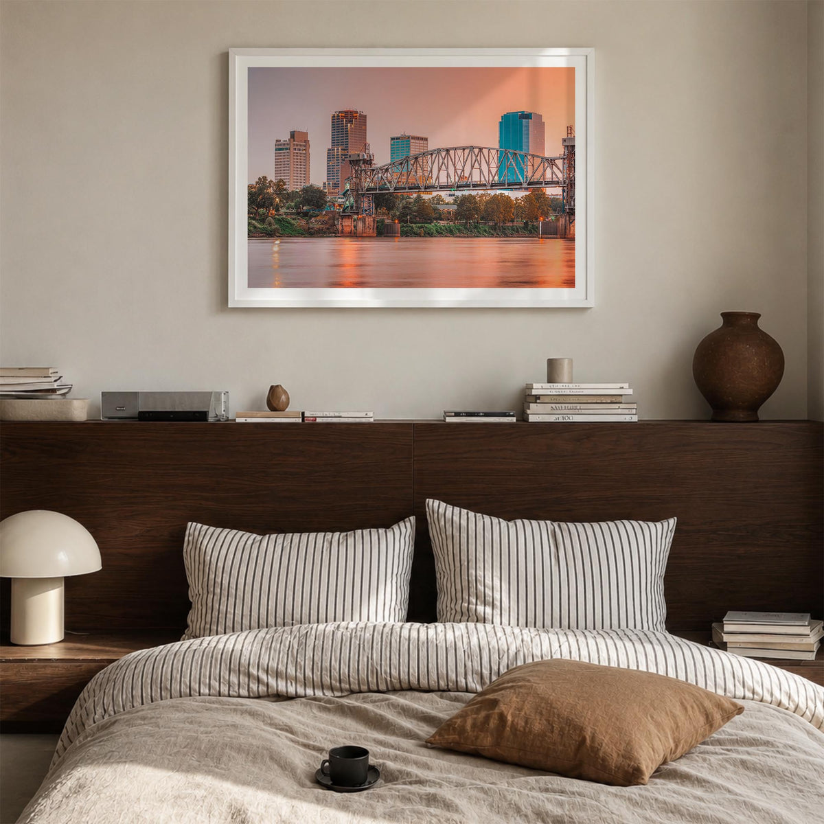 Arkansas colorful photo poster of United States – horizontal wall art in white wood frame with white border, hanging on wall