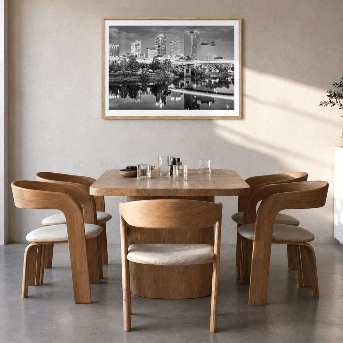 Arkansas Photo Poster in a natural wood frame, hanging in a dining room, white border