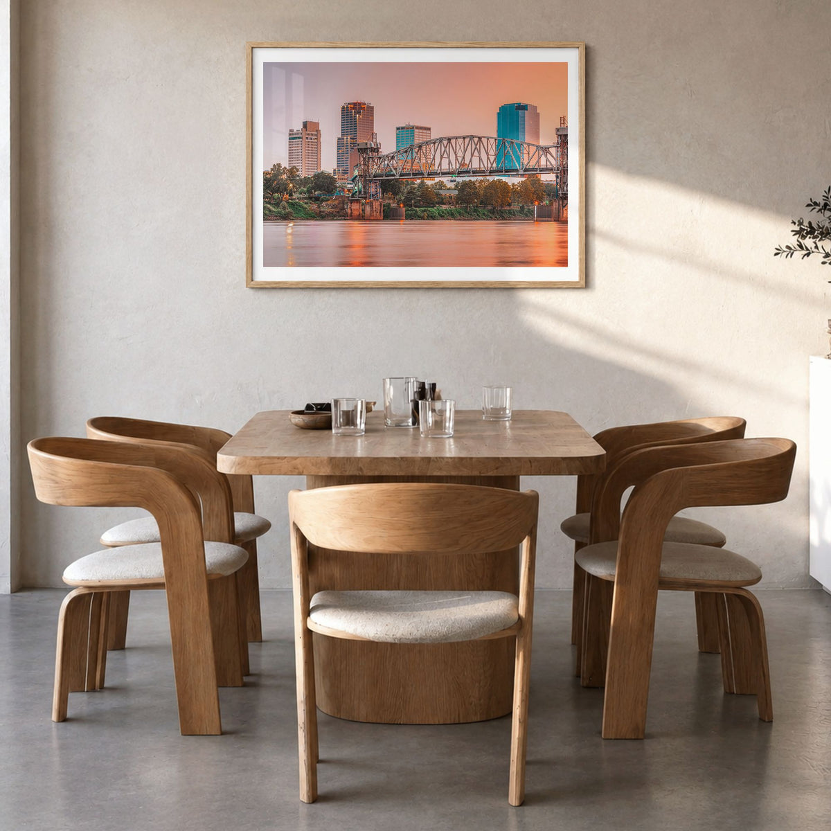 Arkansas Photo Poster in a natural wood frame, hanging in a dining room, white border