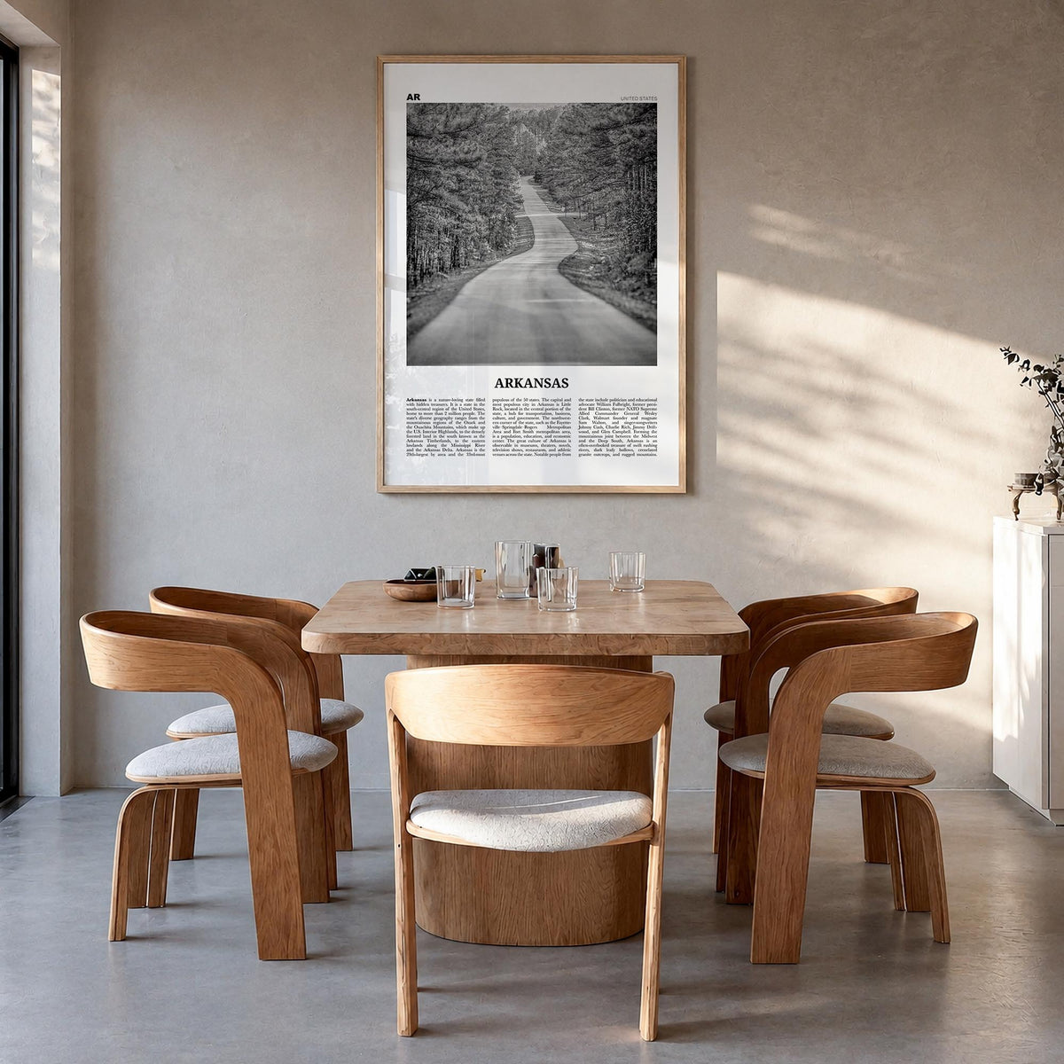 Arkansas no. 1 black & white newspaper poster of United States – vertical wall art in natural wood frame, hanging on wall