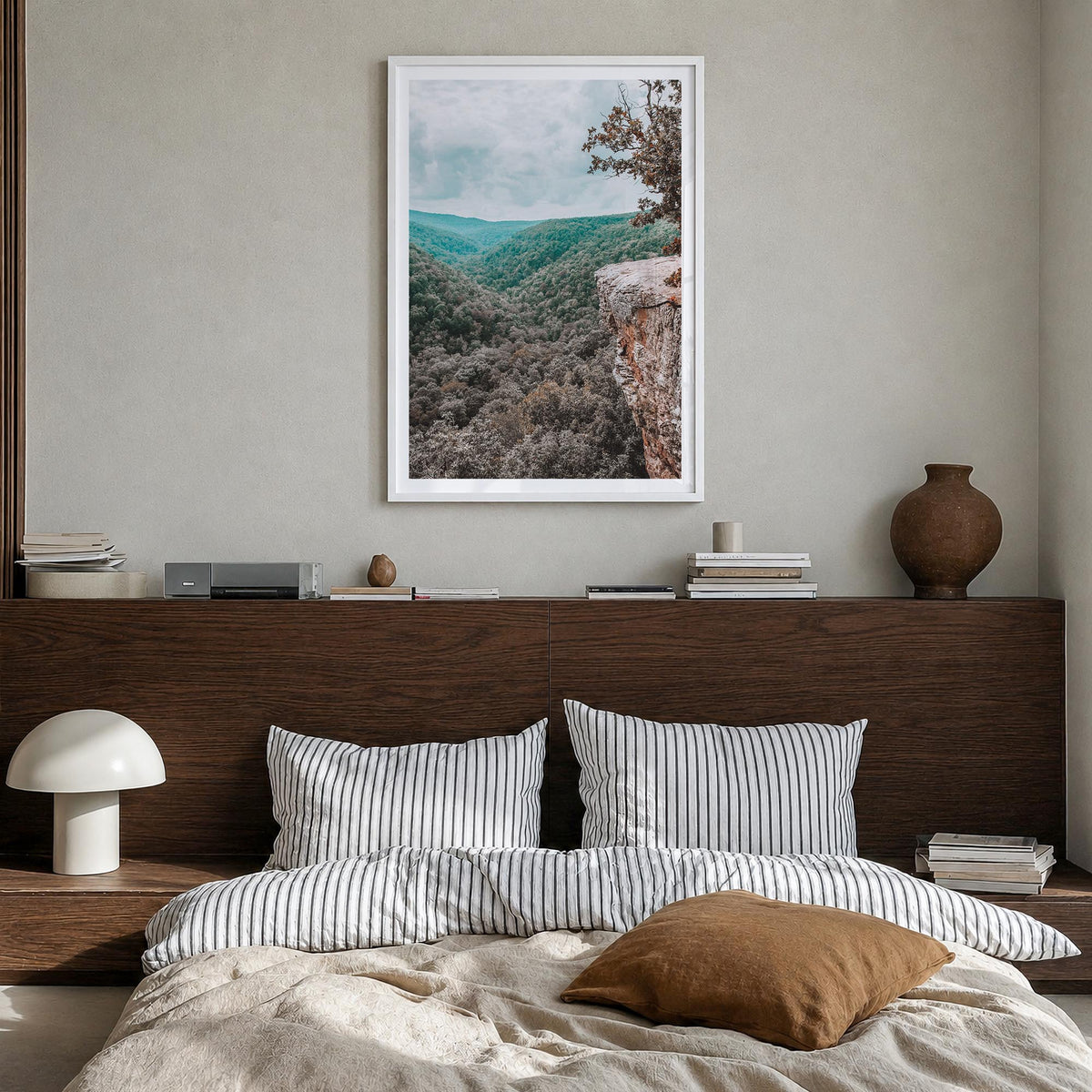 Arkansas no. 1 colorful photo poster of United States – vertical wall art in white wood frame with white border, hanging on w