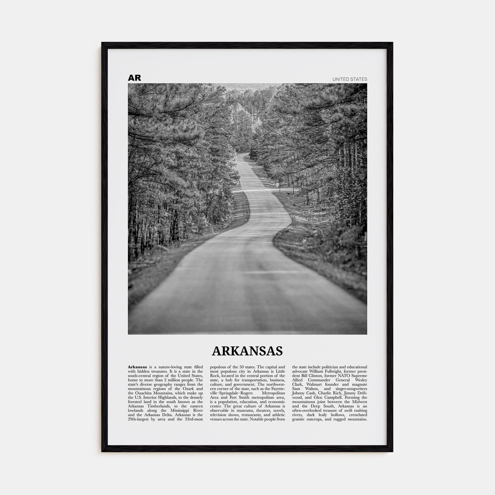 Arkansas No 1 Poster Black Wood / 8x12 in Nbourhood Travel B&W Poster