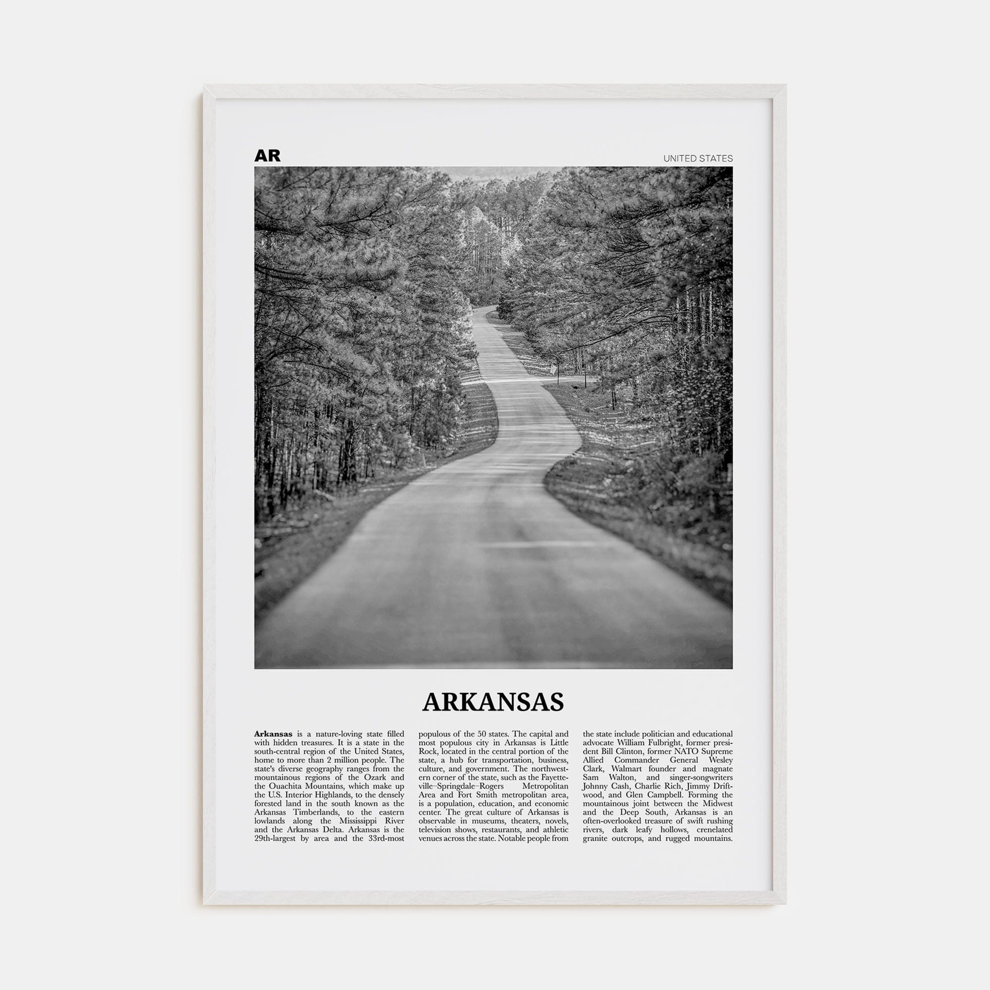 Arkansas No 1 Poster White Wood / 8x12 in Nbourhood Travel B&W Poster