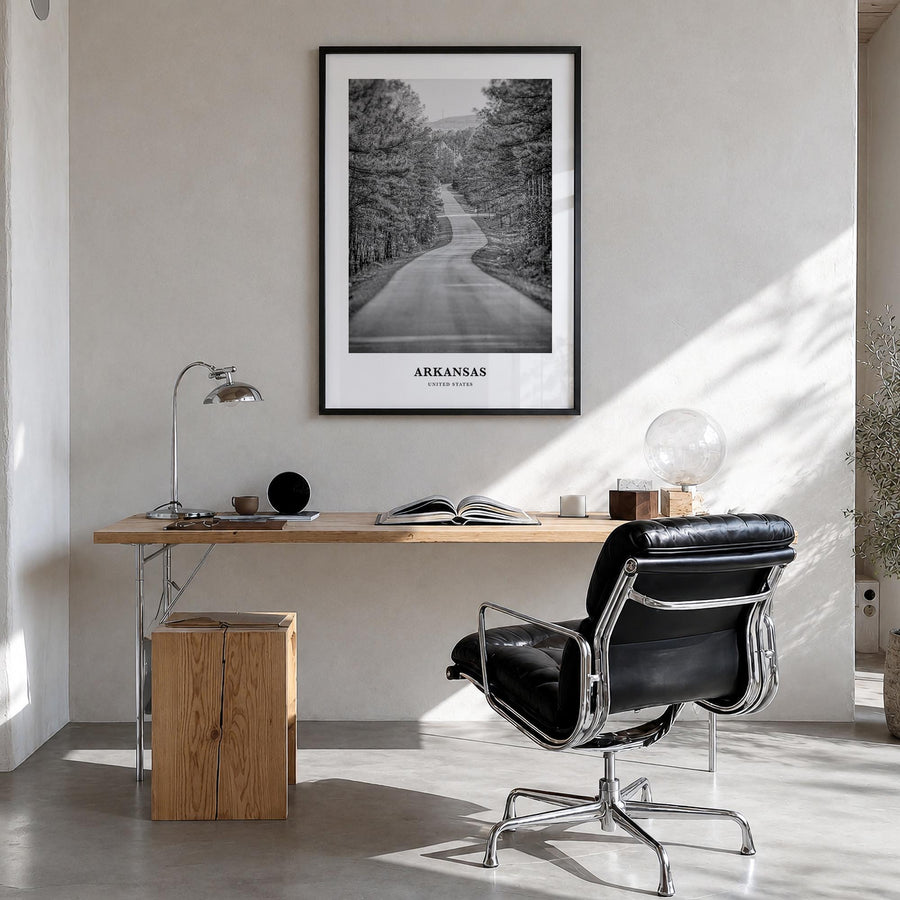 Arkansas no. 2 black & white classic poster of United States – vertical wall art in black wood frame, hanging on wall