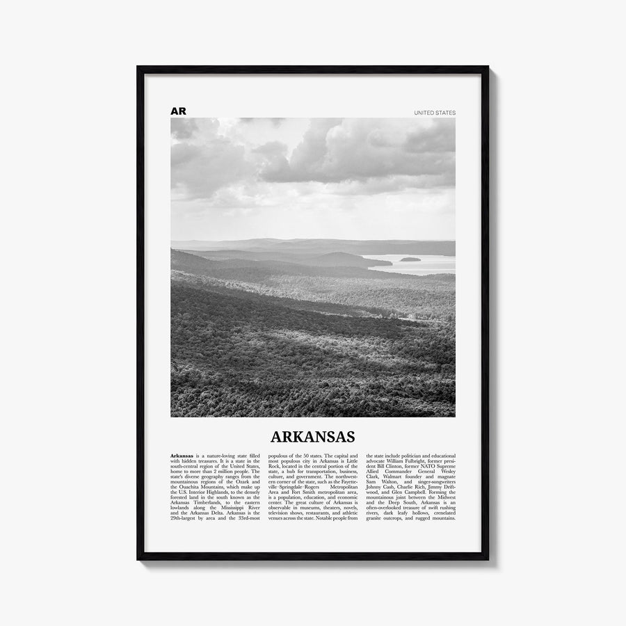Arkansas no. 2 black & white newspaper poster of United States – vertical wall art, unframed print shown in interior mockup