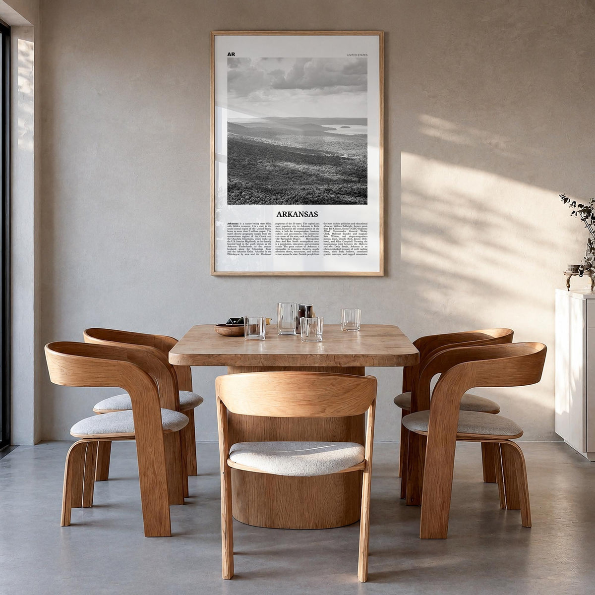 Arkansas no. 2 black & white newspaper poster of United States – vertical wall art in natural wood frame, hanging on wall