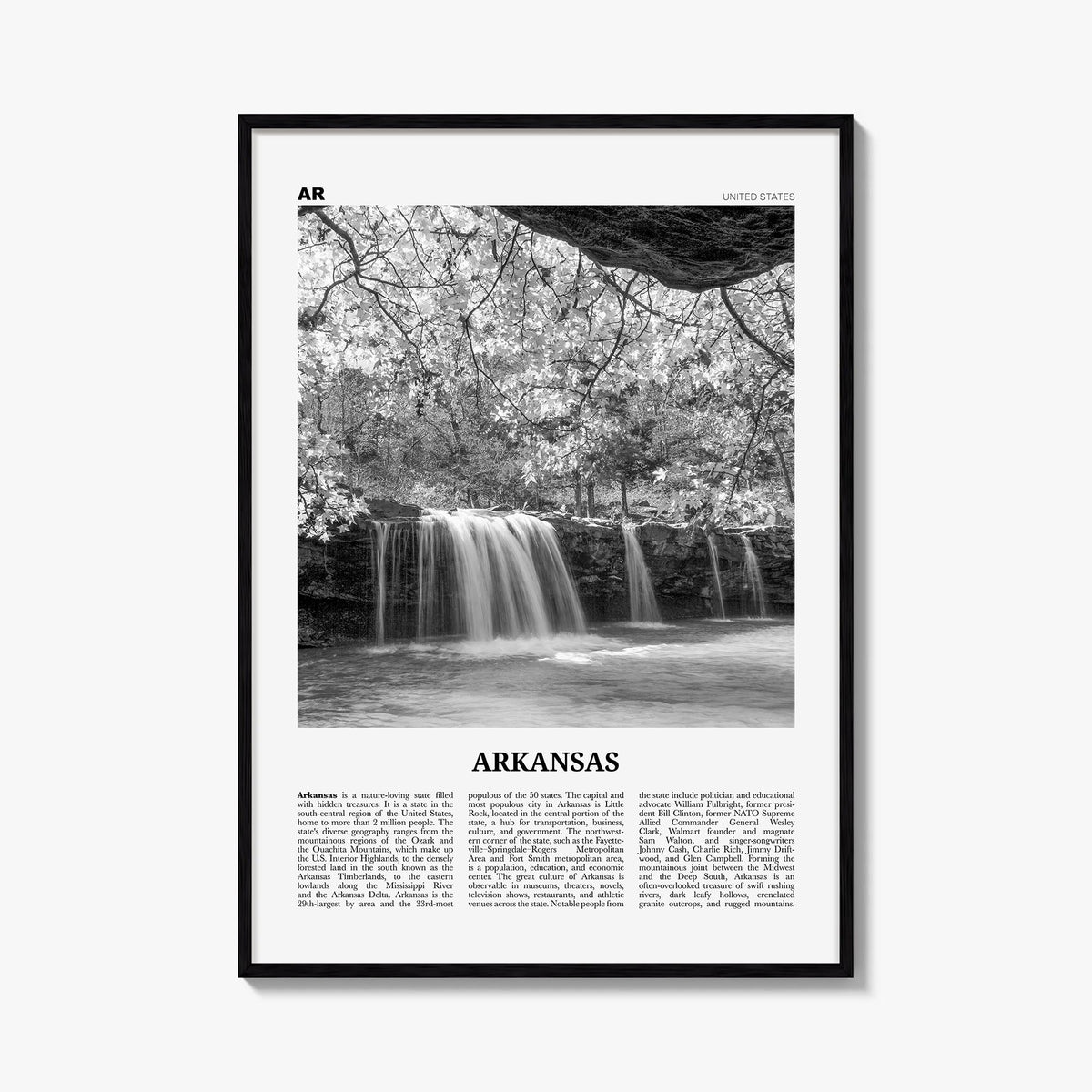 Arkansas no. 3 black & white newspaper poster of United States – vertical wall art, unframed print shown in interior mockup