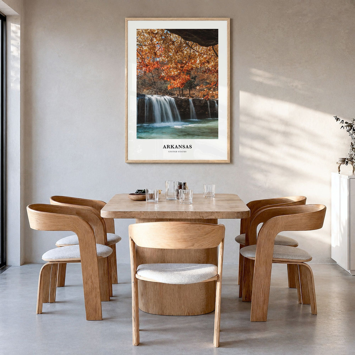 Arkansas Classic Poster in a natural wood frame, hanging in a dining room
