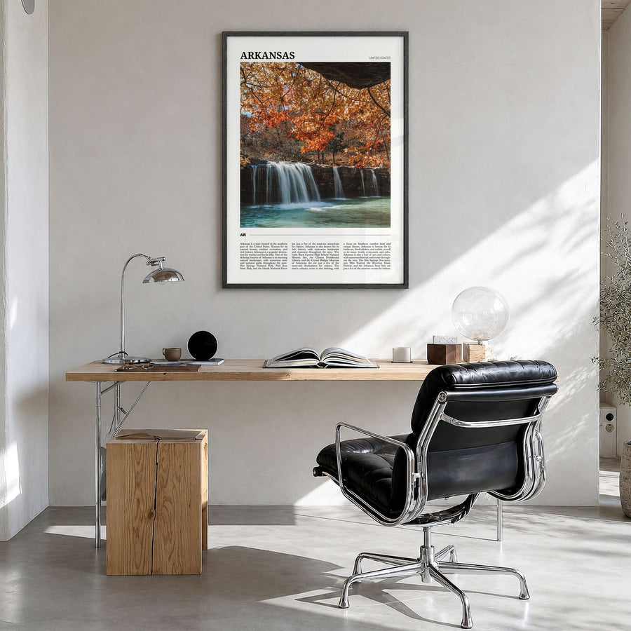 Arkansas Travel Poster in a black wood frame, hanging in a bright home office
