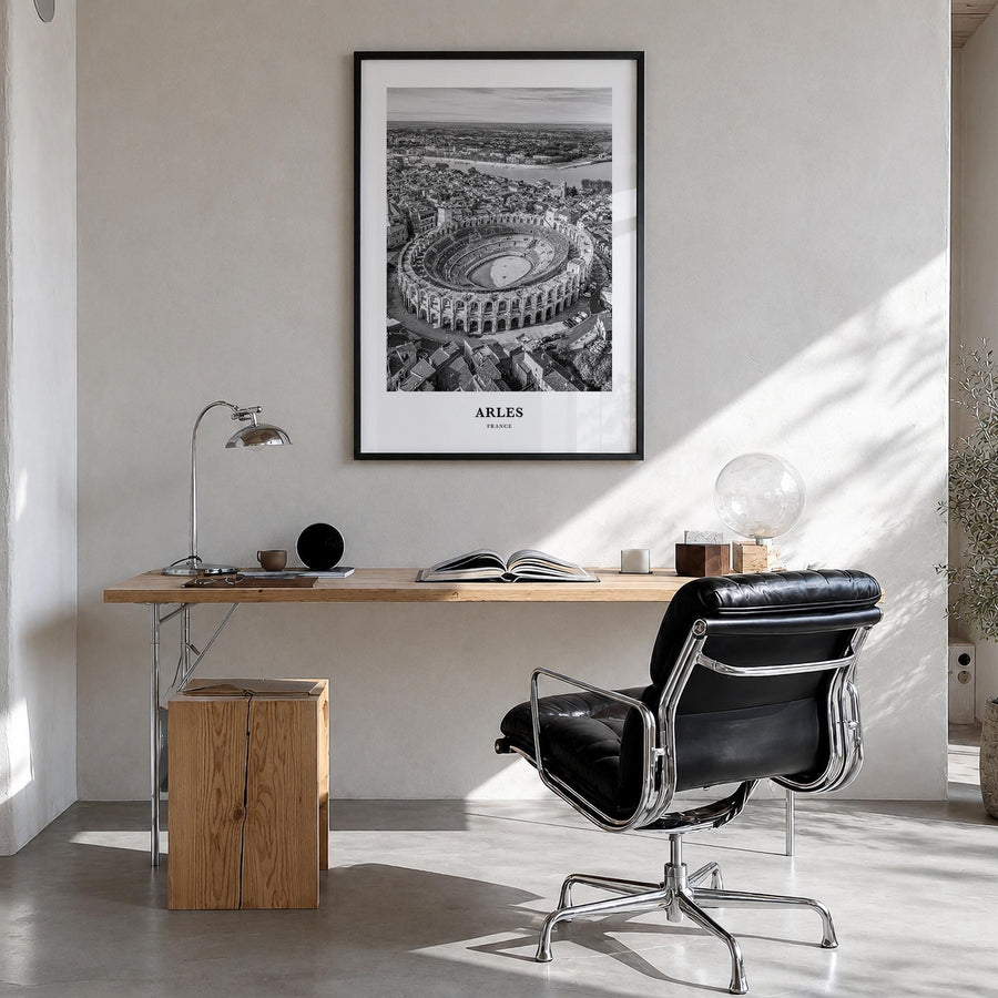 Arles black & white classic poster of France – vertical wall art in black wood frame, hanging on wall