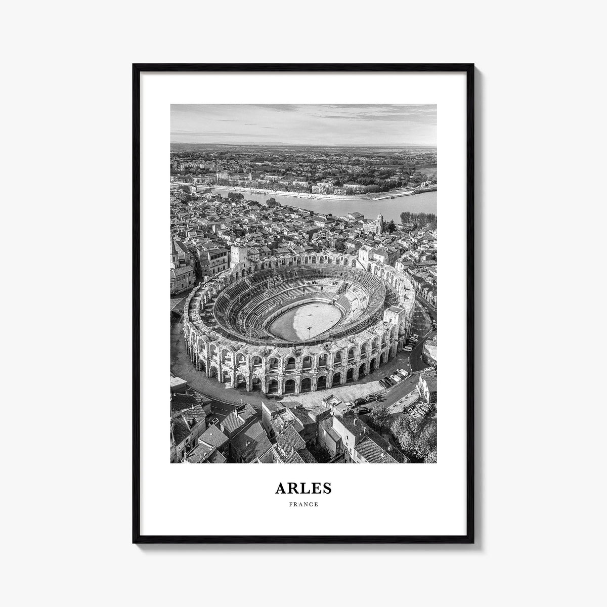 Arles black & white classic poster of France – vertical wall art, unframed print shown in interior mockup