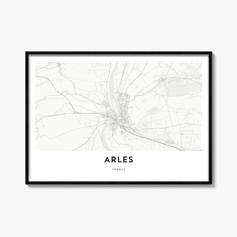 Arles black & white map poster of France – horizontal wall art, unframed print shown in interior mockup
