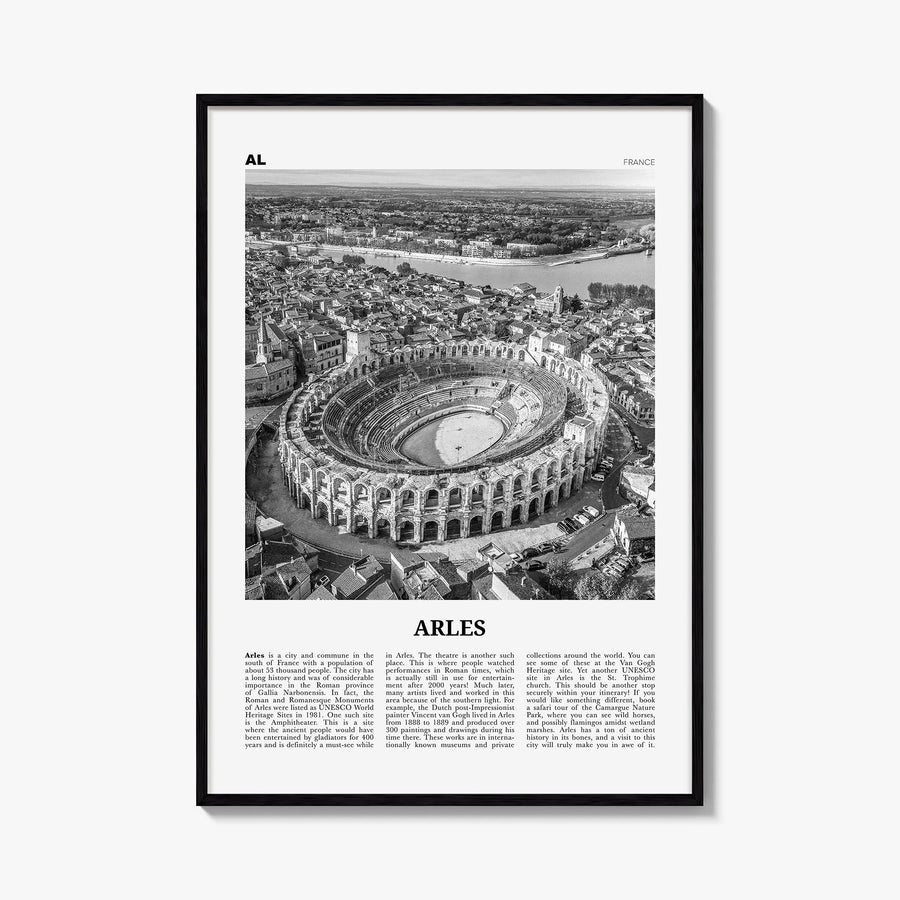 Arles black & white newspaper poster of France – vertical wall art, unframed print shown in interior mockup