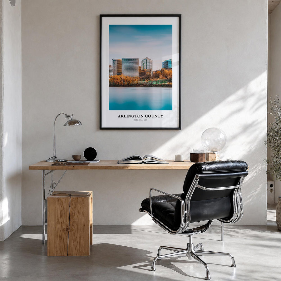Arlington County, Virginia colorful classic poster of Virginia, USA – vertical wall art in black wood frame, hanging on wall